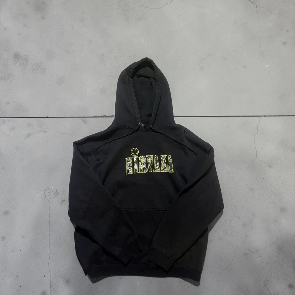 Vintage Nirvana Hoodie Black Graphic Smiley Face Band Sweatshirt 1997 Large